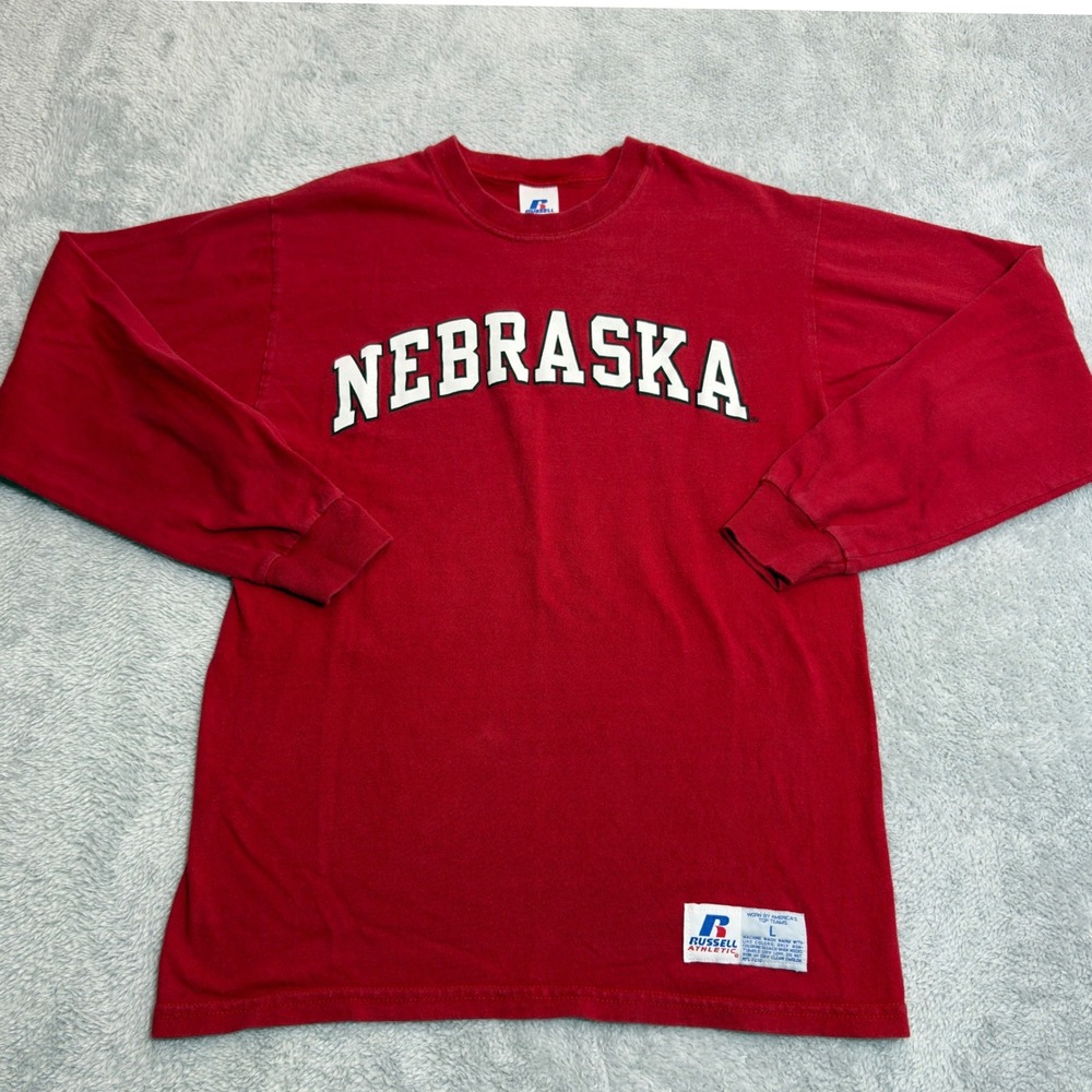 Russell Athletic Nebraska T-Shirt Youth L Red Long Sleeve Cotton Graphic Tee Y2K